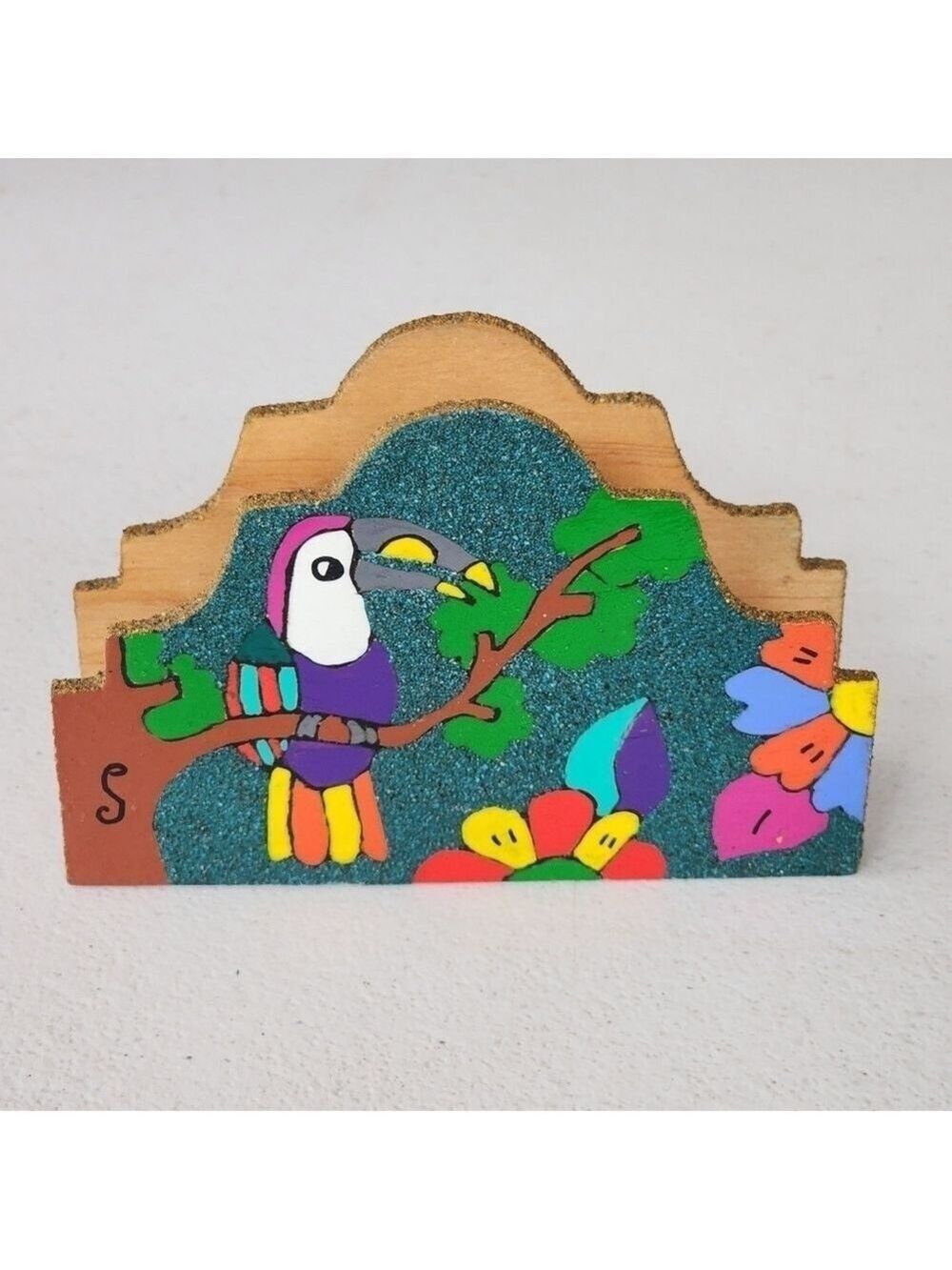 Wood napkin holder handpainted sand art artisan mexico floral bird